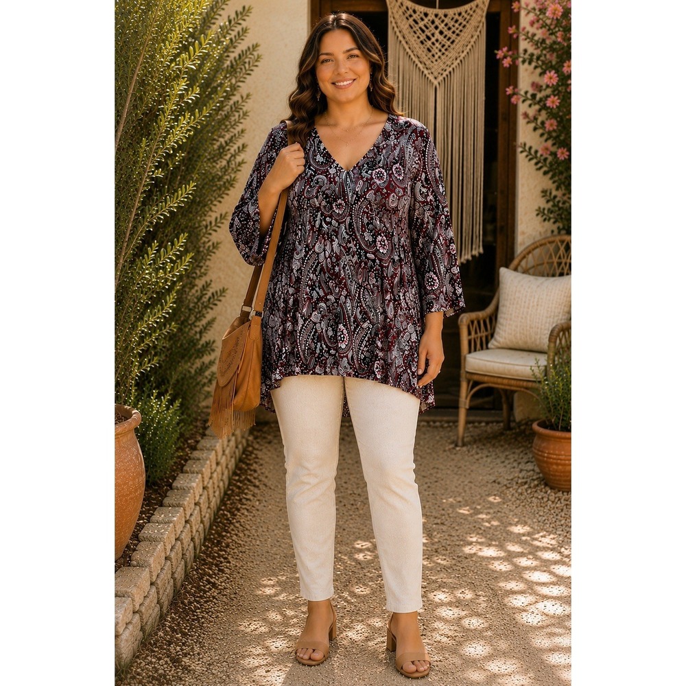 Dear Scarlett 3X Paisley Tunic Top Burgundy Black V-Neck Boho Plus Size TT08